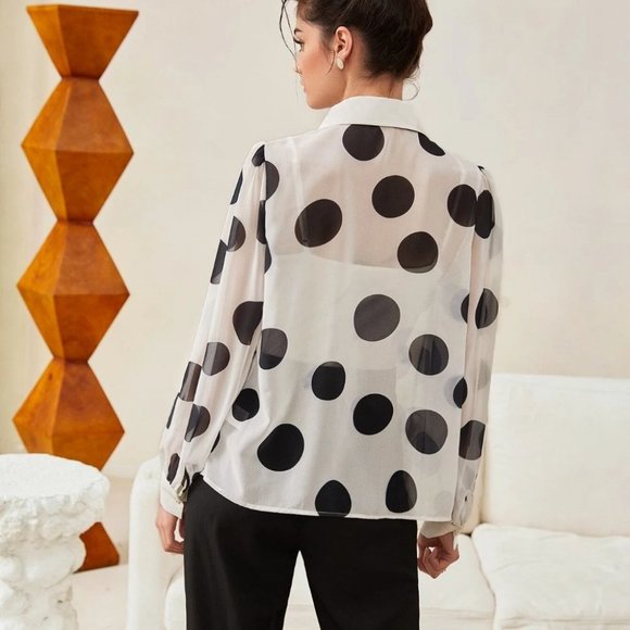 Black and White Polka Dot Tie Neck Shirt blouse - Picture 2 of 5